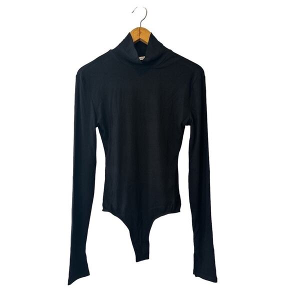 WeWoreWhat Black Lightweight Ribbed Turtleneck Bodysuit Split Cuffs Size Large - Picture 1 of 10